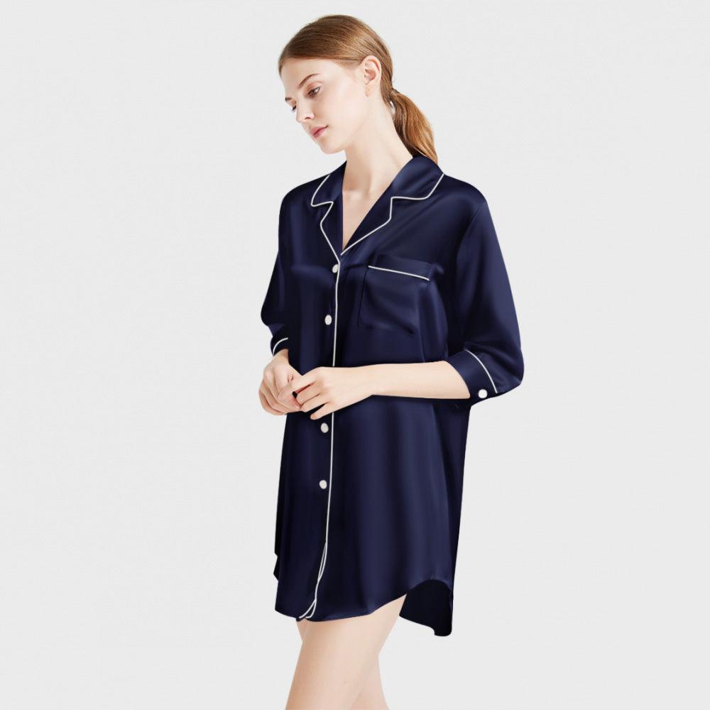 Women's Satin Sleep Shirt Nightgown Button Down Silk Pajama 3/4 Sleeve  Sleepwear 