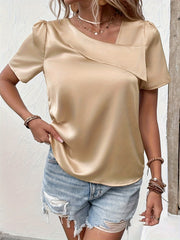 Asymmetrical Neck Blouse Casual Short Sleeve Top For Spring & Summer