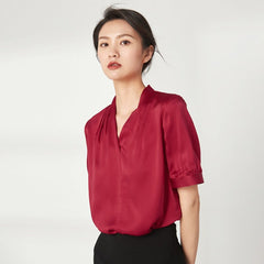 22 Momme Casual V Neck Silk Top Short Sleeves Silk Blouse