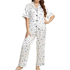 Love Heart Printed 100% Silk Pajamas Set For Women