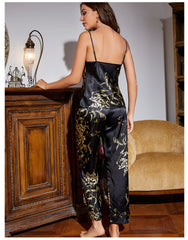 Sexy Neck Nightwear Silk Printing  Luxury Silk Pajama Set For Women