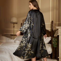 Sexy Deep V Neck Nightwear Silk Printing Silk Robe Set