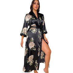 Sexy Deep V Neck Nightwear Silk Women Ladies Floral Print Silk Robe for Women