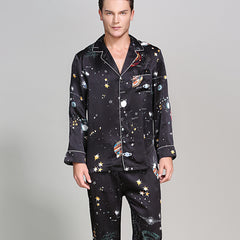 Ensemble pyjama en soie pour hommes, imprimé galaxie longue, vêtements de nuit de luxe en soie