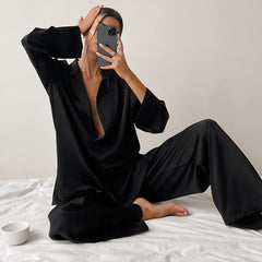 Übergroßes, langärmliges Pyjama-Set aus Seide für Damen