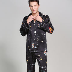 Ensemble pyjama en soie pour hommes, imprimé galaxie longue, vêtements de nuit de luxe en soie