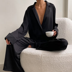 Oversize Long Sleeve Silk Sleepwear Pajama Set for Women