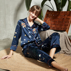 Pyjama en soie imprimé pour femmes, ensemble de pyjama en soie à manches longues