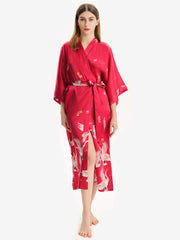 Claret Crane - Albornoz tipo kimono largo de seda de morera para mujer
