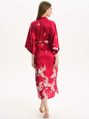 Claret Crane - Albornoz tipo kimono largo de seda de morera para mujer