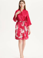Robe kimono courte en soie de grue rouge peinte à la main