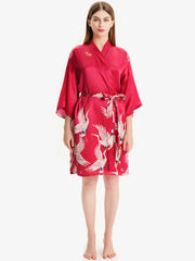 Bata de kimono de seda corta con grulla roja pintada a mano