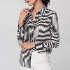 Blusa de seda de manga larga de seda pura 100% raya de camisa de seda para mujer