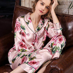 Conjunto de pijama de seda floral rosa Pijamas de seda de dos piezas para mujer