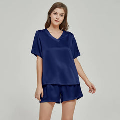 100% Mulberry Luxury V neck Short sleeve Nightwear Silk Pajamas Set for Women - DIANASILK