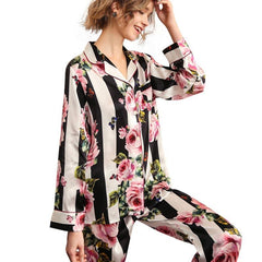 Women's White Silk luxury nightwear Striped Floral Silk Pajama Set - DIANASILK