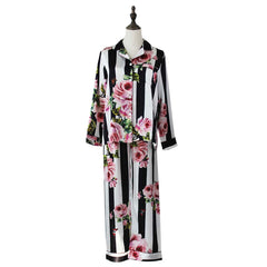 Women's White Silk luxury nightwear Striped Floral Silk Pajama Set - DIANASILK