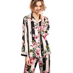 Women's White Silk luxury nightwear Striped Floral Silk Pajama Set - DIANASILK