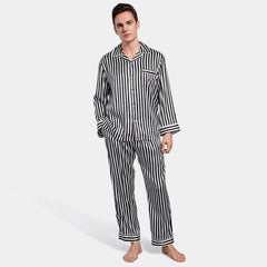 Classic 100% Mulberry Black And White Stripe  Mens Striped Long Silk Pajama Set for Men - DIANASILK