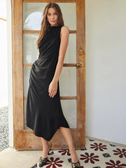 Classic  Simple Silk Draped Asymmetrical Sleeveless One Piece Dress