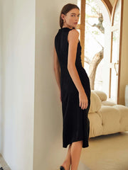 Classic  Simple Silk Draped Asymmetrical Sleeveless One Piece Dress