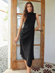 Classic  Simple Silk Draped Asymmetrical Sleeveless One Piece Dress