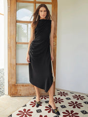 Classic  Simple Silk Draped Asymmetrical Sleeveless One Piece Dress