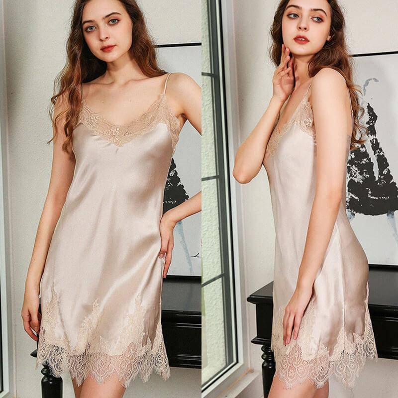 Classic V Neck with Lace Split Women's Silk Nightgown Ladies Silk