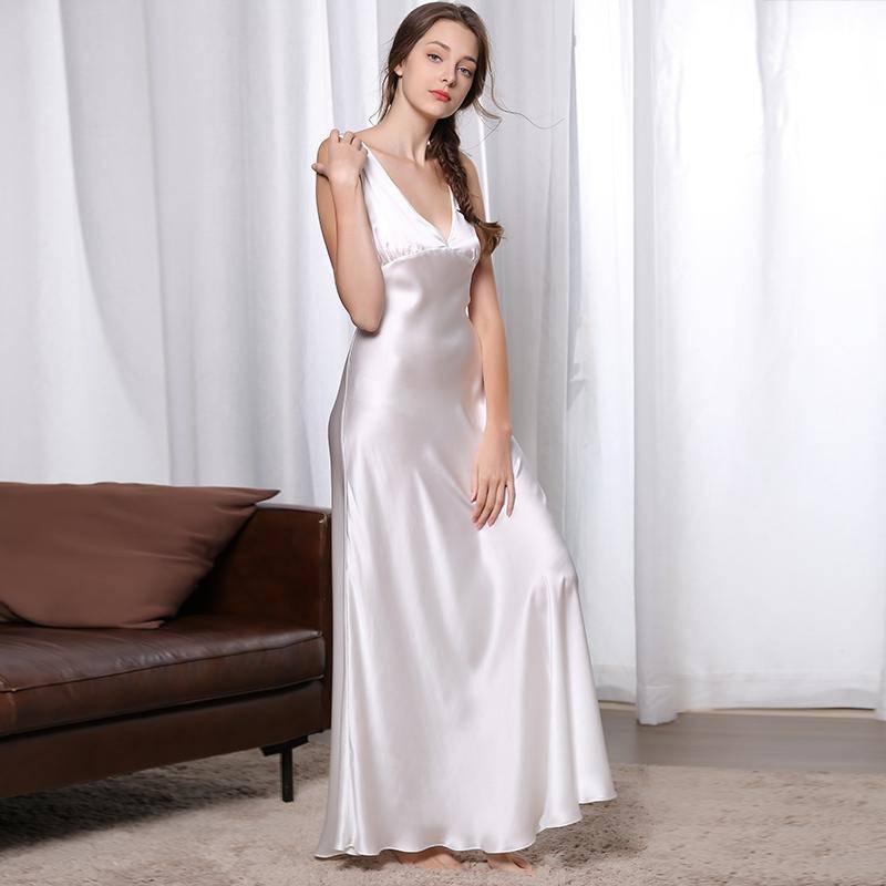 Women Front & Rear V-neck Silk Nightgown Loose Ladies Elegant Silk Sli
