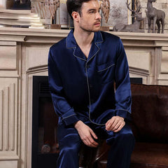 Mens Blue Long silk pajamas Set with flowers Silk Nightwear - DIANASILK