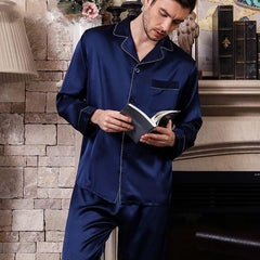 Mens Blue Long silk pajamas Set with flowers Silk Nightwear - DIANASILK