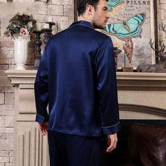 Mens Blue Long silk pajamas Set with flowers Silk Nightwear - DIANASILK