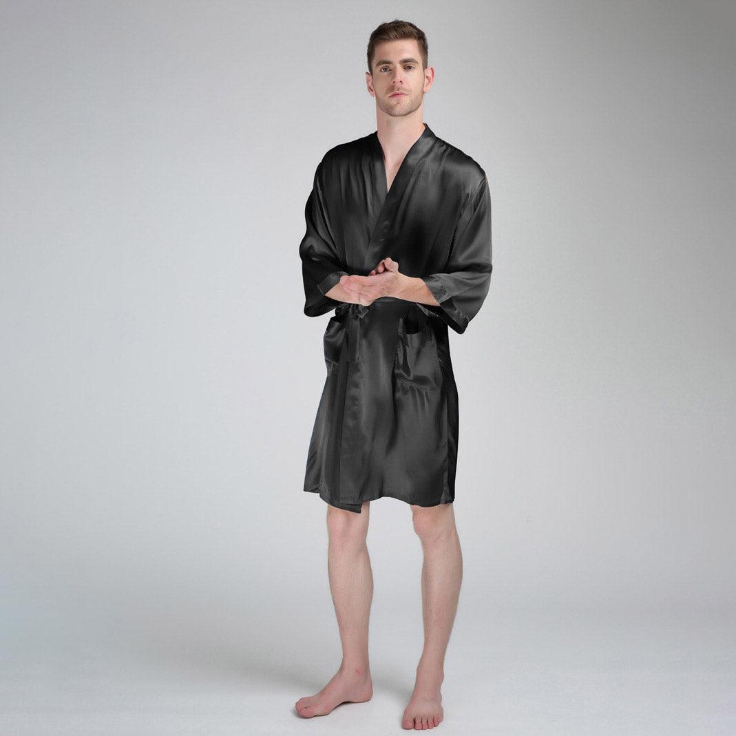 LUTPOL Mens Silk Robe 19mm 100 Mulberry Silk Nightgrow Men's V-Neck Satin  Bathrobe,Black,3XL at  Men's Clothing store