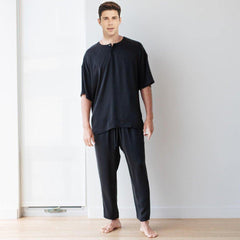 O Neck Men's Short Sleeve Silk Pajamas Simple Crew Short Silk Pajama Set - DIANASILK