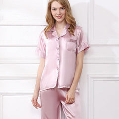 Silk Pajama Set for Women Short Sleeve Long Pant Women's Soft Silk Sleepwear - DIANASILK