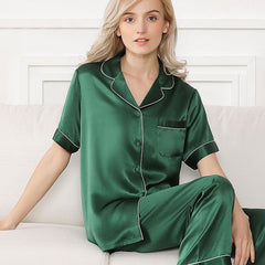 Silk Pajama Set for Women Short Sleeve Long Pant Women's Soft Silk Sleepwear - DIANASILK