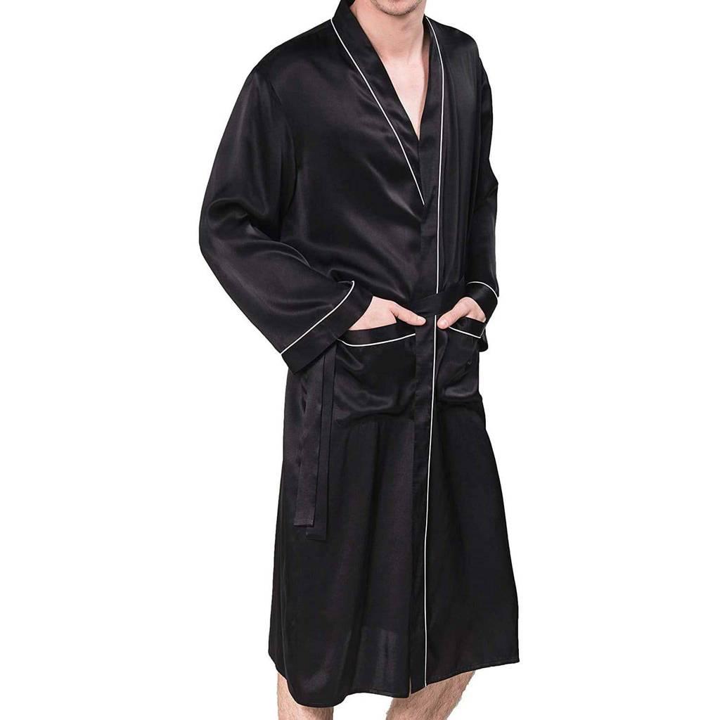 Black Mens Silk Robe Silk Blend Kimono Dressing Gown Luxury 