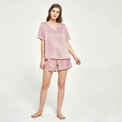 V-neck Short Sleeved Silk T-shirt Short Pajama Set for Women silk pajamas nightwear - DIANASILK