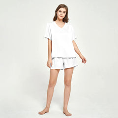 V-neck Short Sleeved Silk T-shirt Short Pajama Set for Women silk pajamas nightwear - DIANASILK