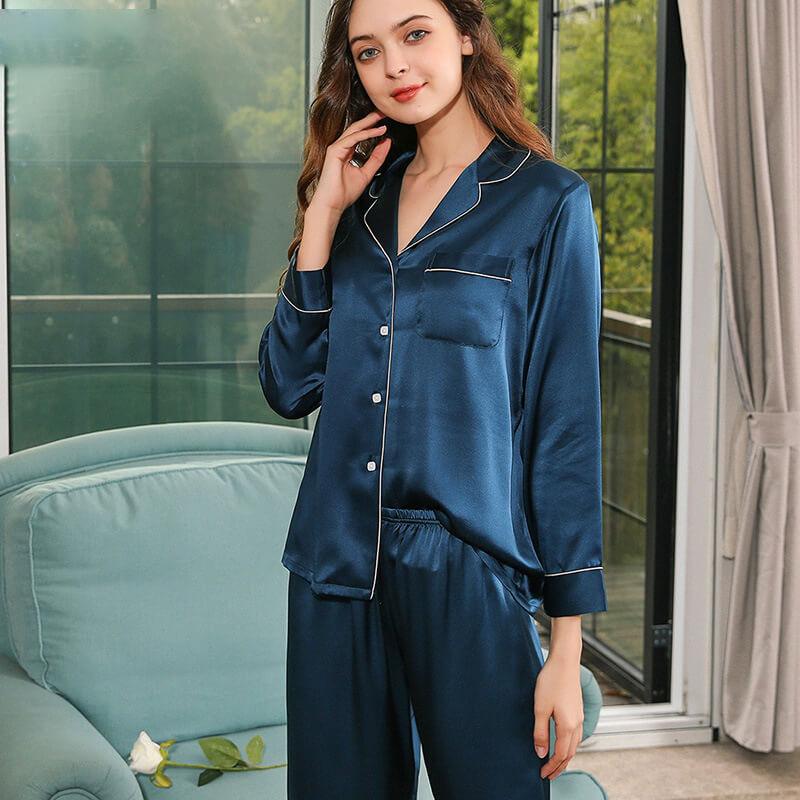 Women Silk Loungewear Blue Silk Long Sleeves luxury ladies Pajamas