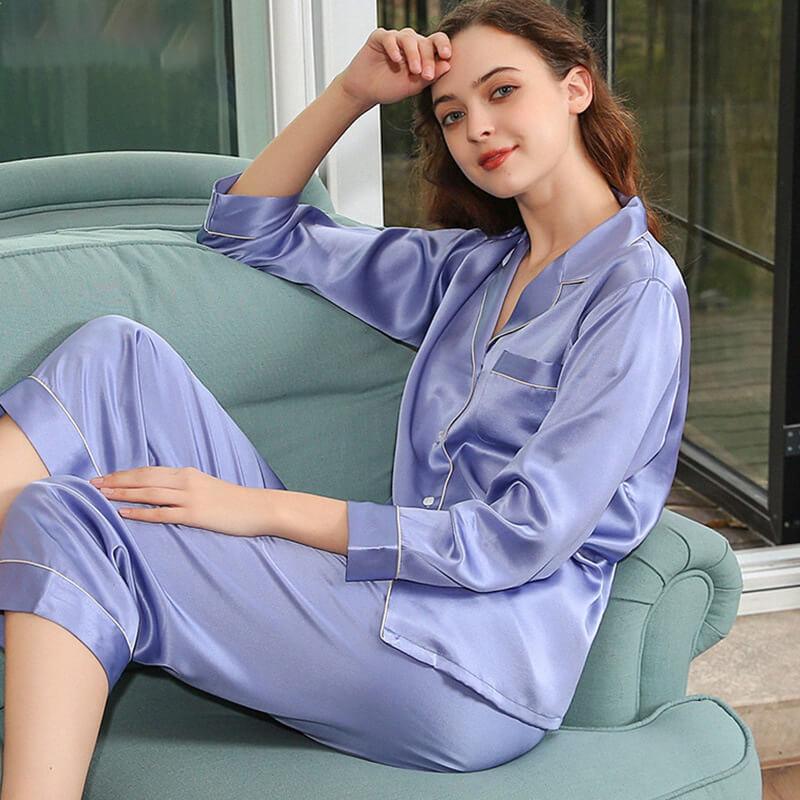 Solid Satin Set Silk Women Pajama Wholesale Long Sleeve Ladies