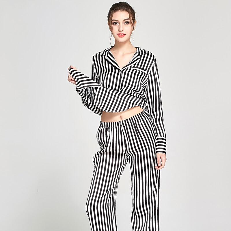 Women's 100% Silk Pajama Black and White Striped Silk Pajamas Sleepwea –  DIANASILK